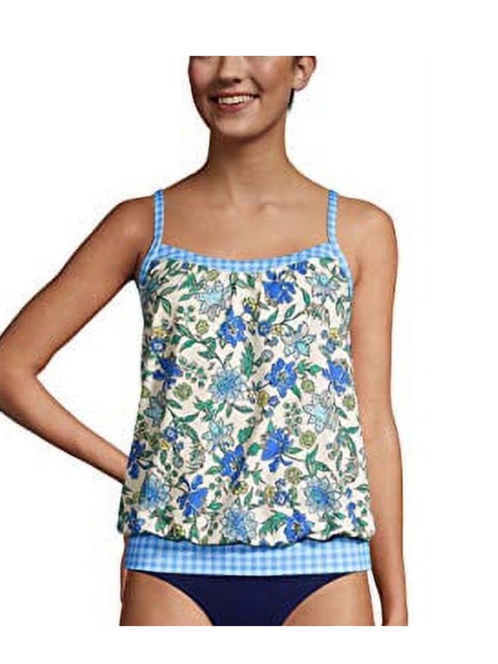 Lands’ End Lotus Floral Gingham Blouson Tankini Size 10
